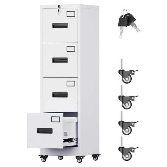 4 Drawer File Cabinet with Wheels, Lockable Metal Filing Cabinet with Name Card for Office and Home,Required Assembly,White