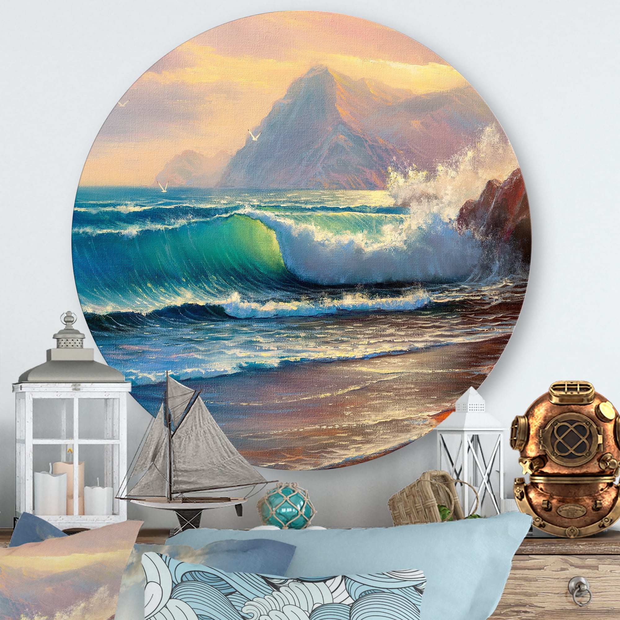 Designart 'Sunrise Glow On The Sea Waves III' Nautical & Coastal Circle Metal Wall Art 11x11 - Disc of 11