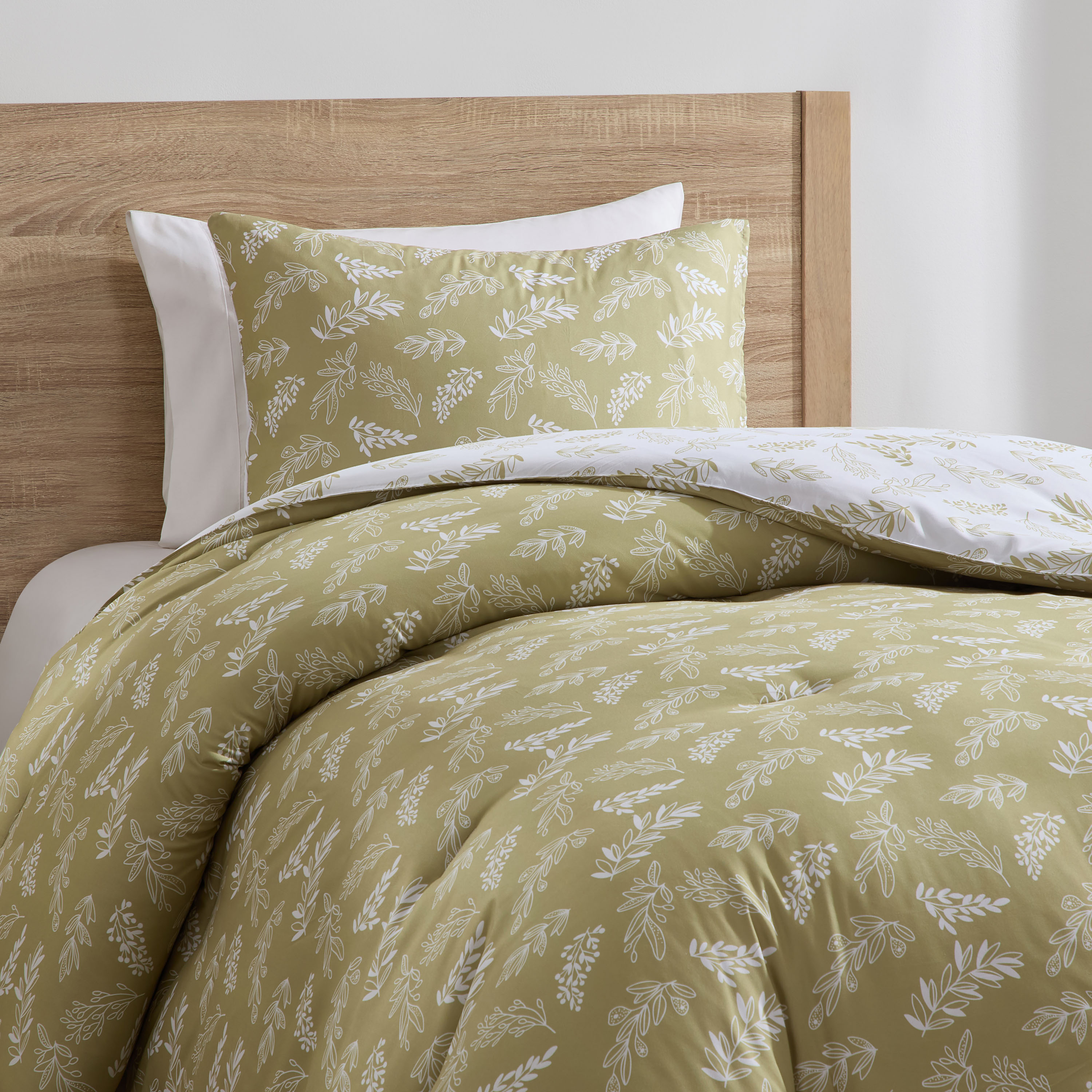 LammaLoe Twin Comforter Sets, 2 Piece Botanical Bed in a Bag, Reversible Bedding Comforter Set with Sheets, Modern Bed Set, Olive Grove/White