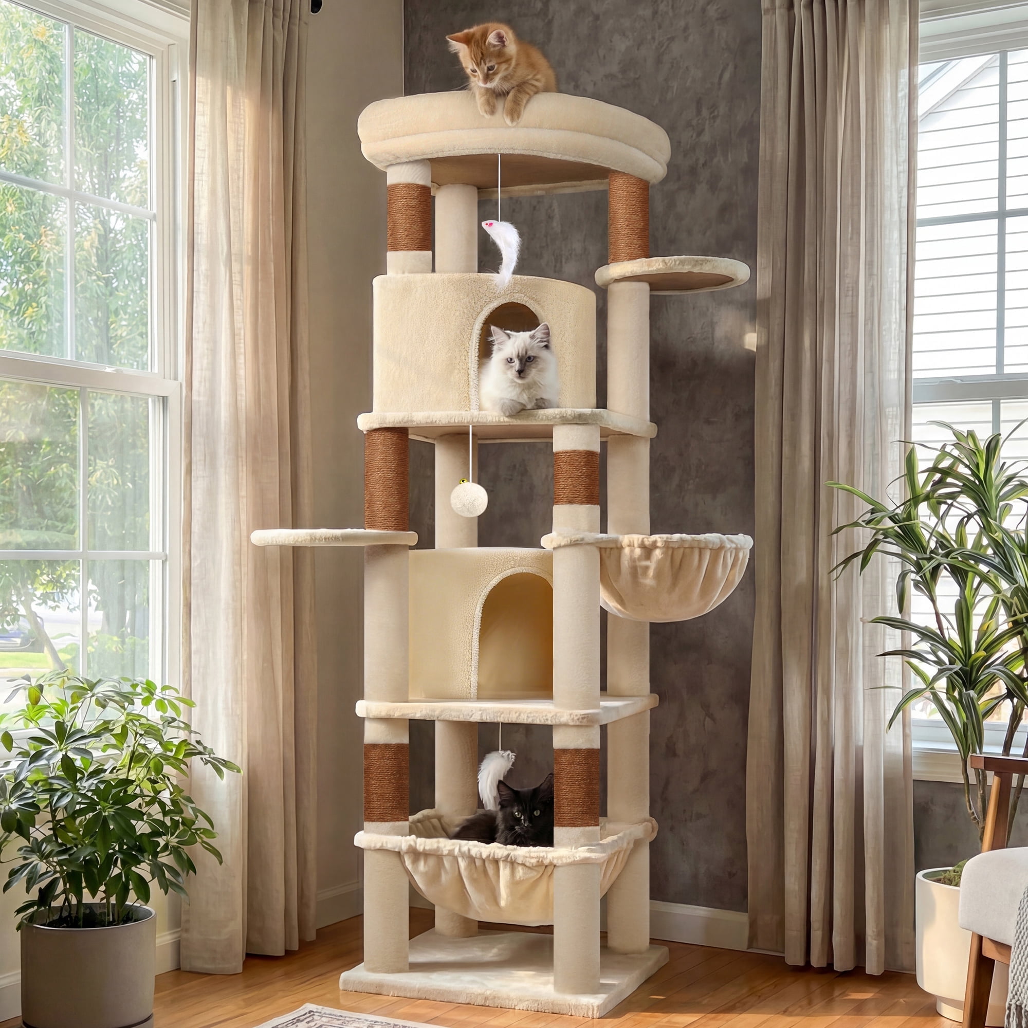 Globlazer 68" Large Corner Cat Tree Tower Condo for Cats with 6 Sisal Scratching Posts, 2 Condos, Hammock & Hanging Basket, Beige