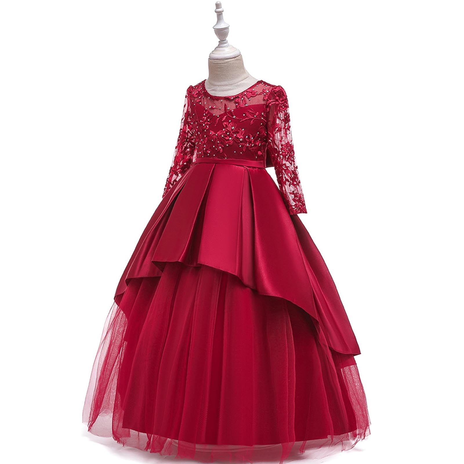 Prom Dresses for Teen Girls Long Sleeve A-Line 7-14 Years Kids Elegant Solid Embroidered Evening Party Birthday Maxi Dress 2025