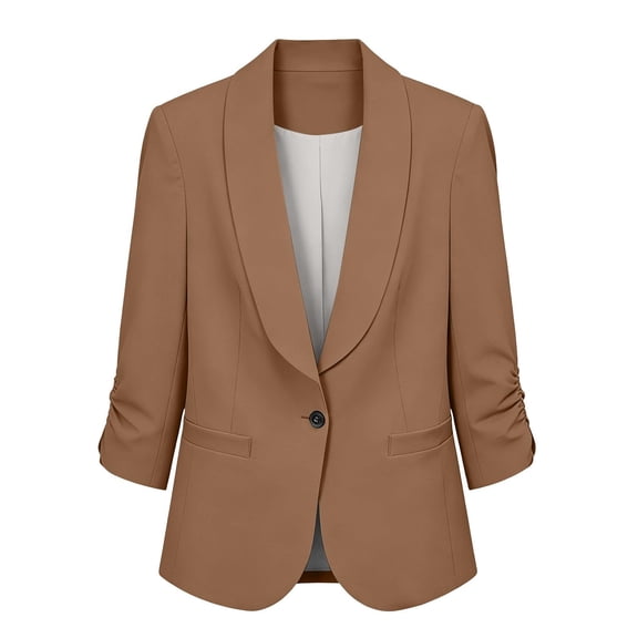 Girls Solid Color Blazer Jacket Kids Shawl Lapel Ruched 3/4 Sleeve One Button Casual Suit Coat Lightweight Dressy Outerwear for School Daily Wear(Coffee,8-9 Years)