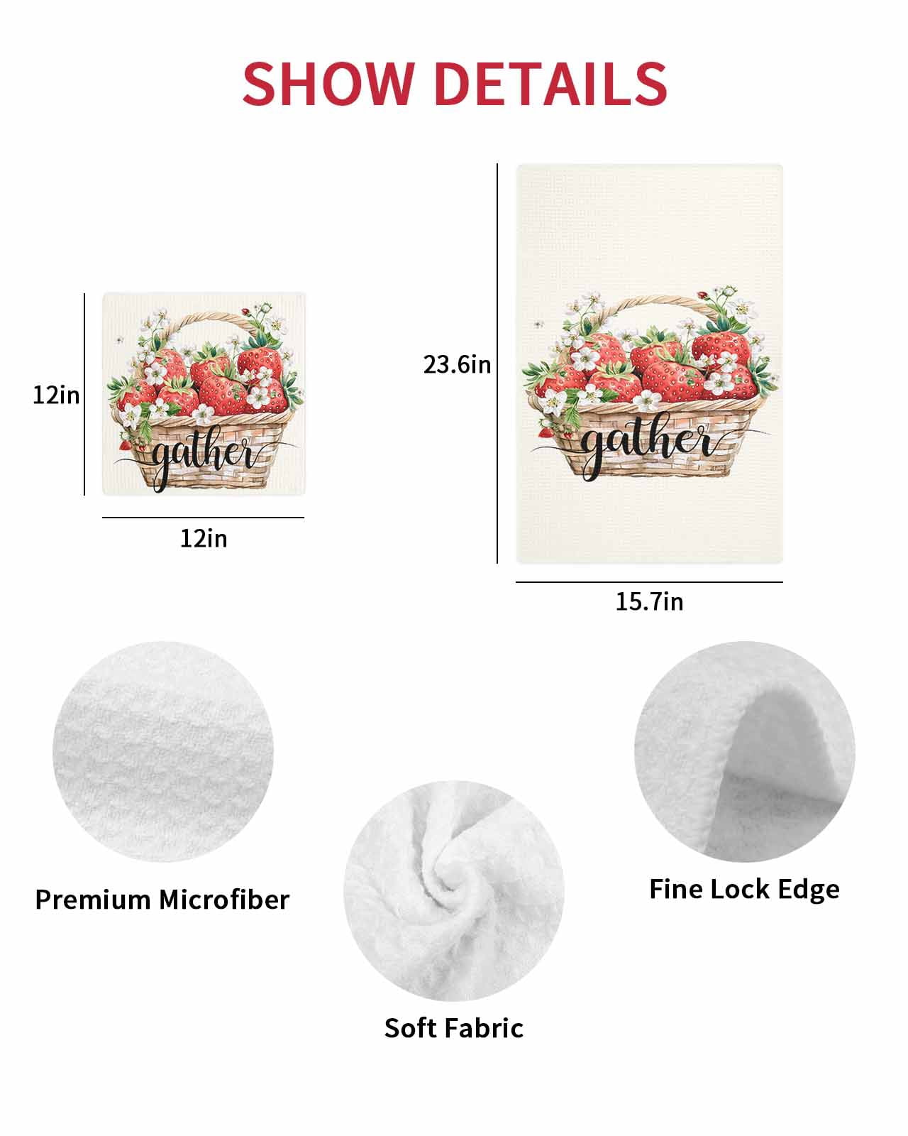 Strawberry Kitchen Dish Towels for Drying Dishes Set of 4, Summer Fruits Basket Botanical Floral Waffle Weave Microfiber Terry Hand Tea Bathroom Towels Quick Dry & Absorbent Towel 12x12
