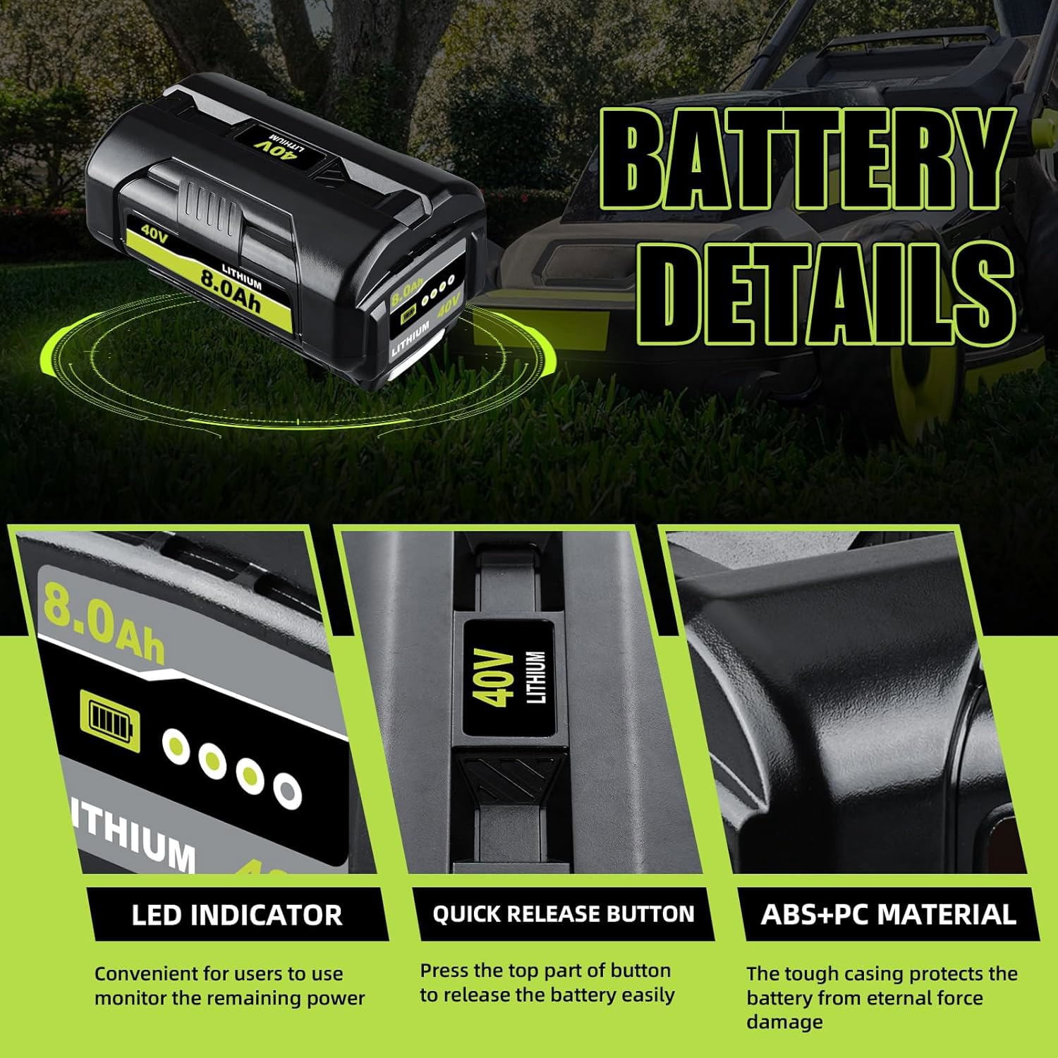 Upgraded 2Pack 8.0Ah Replacement for Ryobi 40V Battery Compatible with OP40201 OP4026 OP4030 OP4040 OP4050 OP4050A OP4060 OP40601 OP40602 OP4060A OP4075A