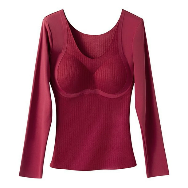 Blusa térmica de poliéster para mujer, otoño-invierno, color liso, de terciopelo acanalado, muy elástica, con sujetador incorporado y mangas largas.