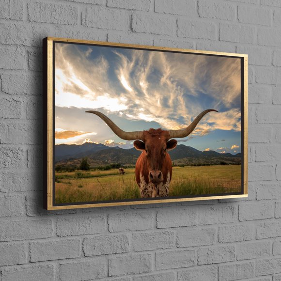 Longhorn Cow Canvas Poster With Bohemian Style Minimalist Wall Art And Framed Landscape Design For Wall Decor