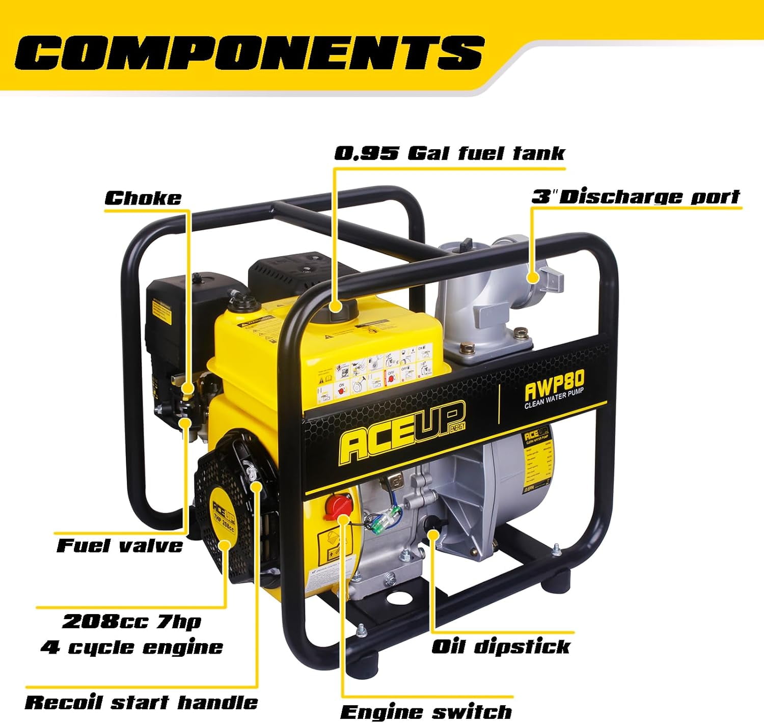 Aceup Energy Gas Water Pump 3 Inch, 265 GPM 7HP 208cc Portable Irrigation Pump EPA Certified