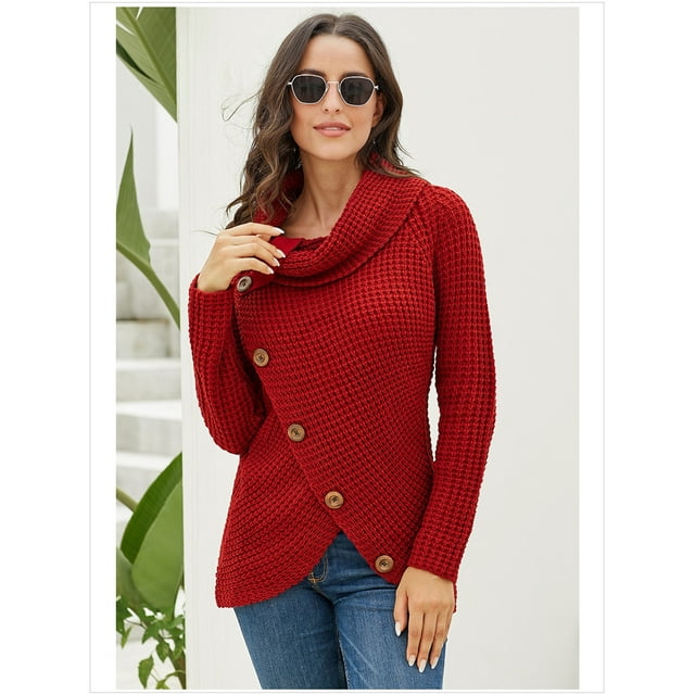 Pulls Femmes Chauds Asymétriques Tricotés Col Roulé Unis Enveloppants Manches Longues Hauts Décontractés
