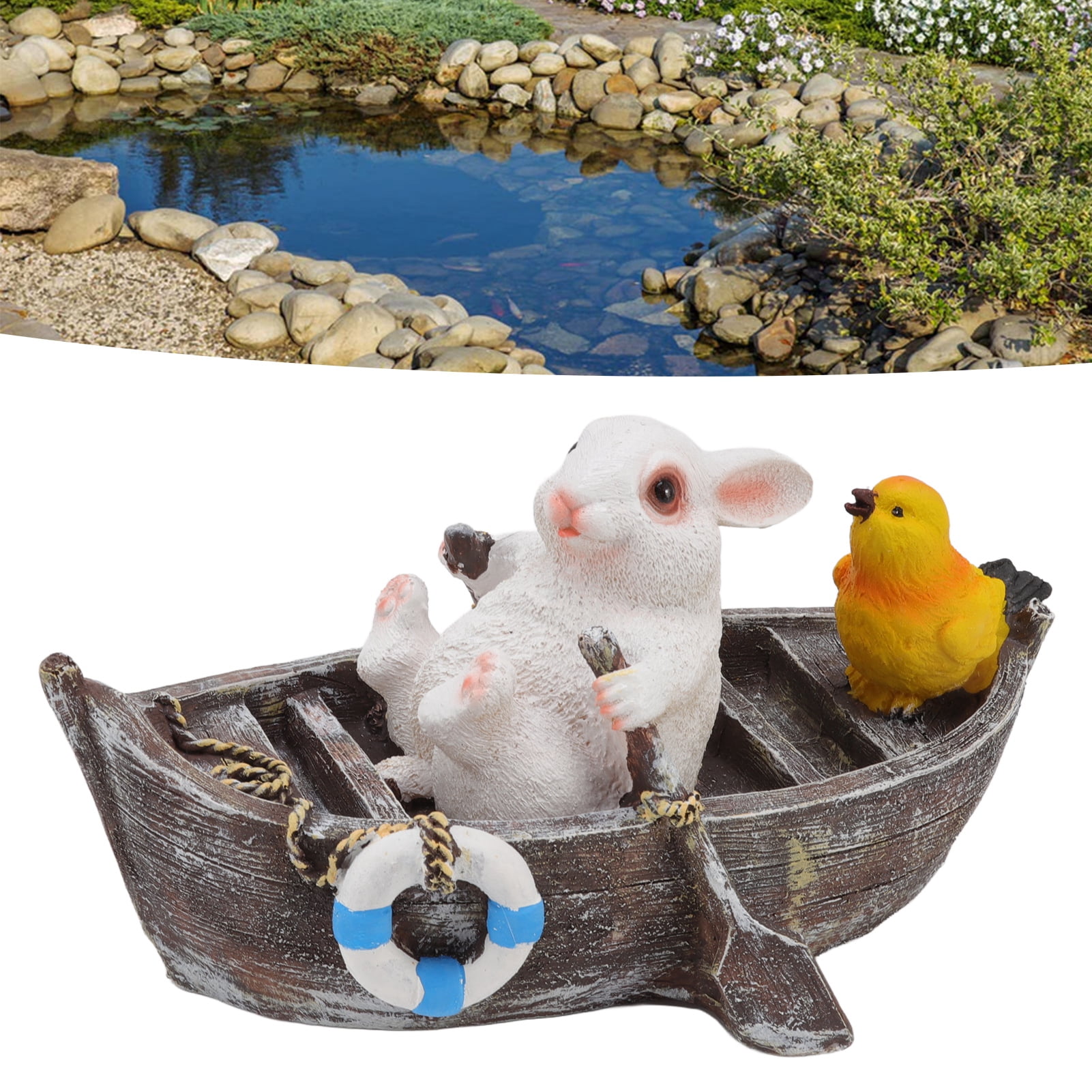 NFTIGB Boating White Rabbit Garden Statue, Floating Vivid Resin Animal Figurine (12.2 in / 31 cm) for Outdoor Pond Pool Patio Yard Landscape