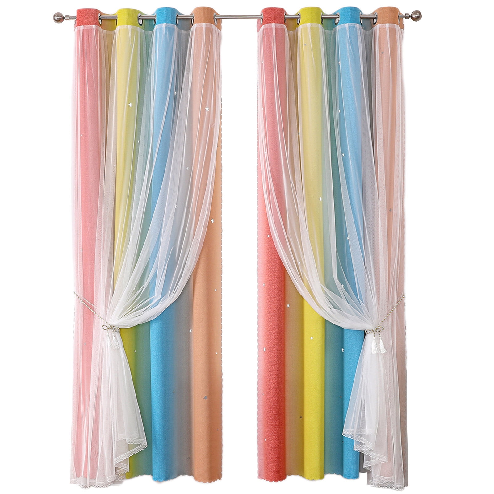 2-in-1 Double-Layer Kids & Girls Unicorn Princess Ombre Blackout Curtains with Foil Print Sheer,Panels for Bedroom, Nursery, Living Room - Yellow Purple Blue, 52W x 63L