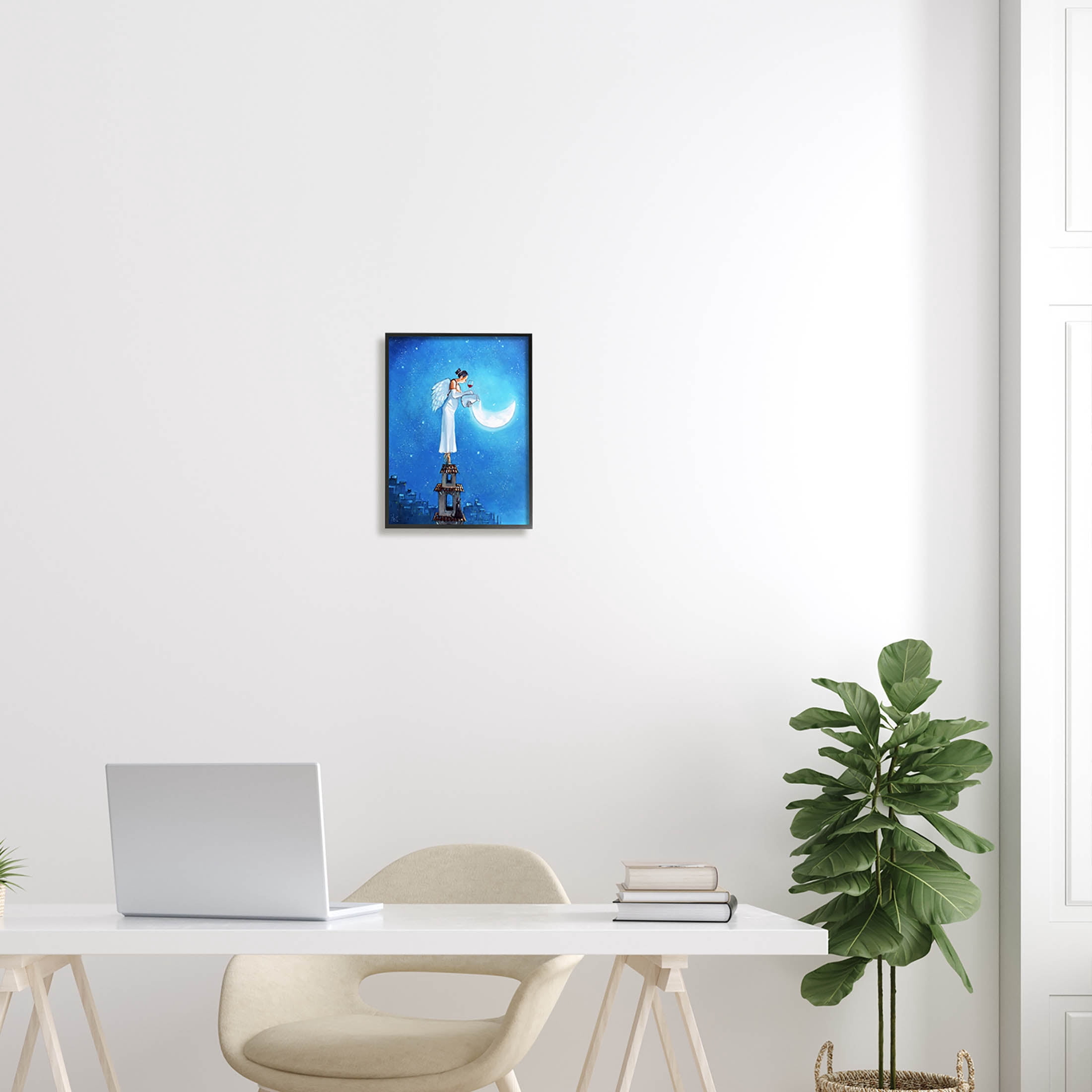 Angel Pouring Moon Cityscape Landscape Painting Black Framed Art Print Wall Art