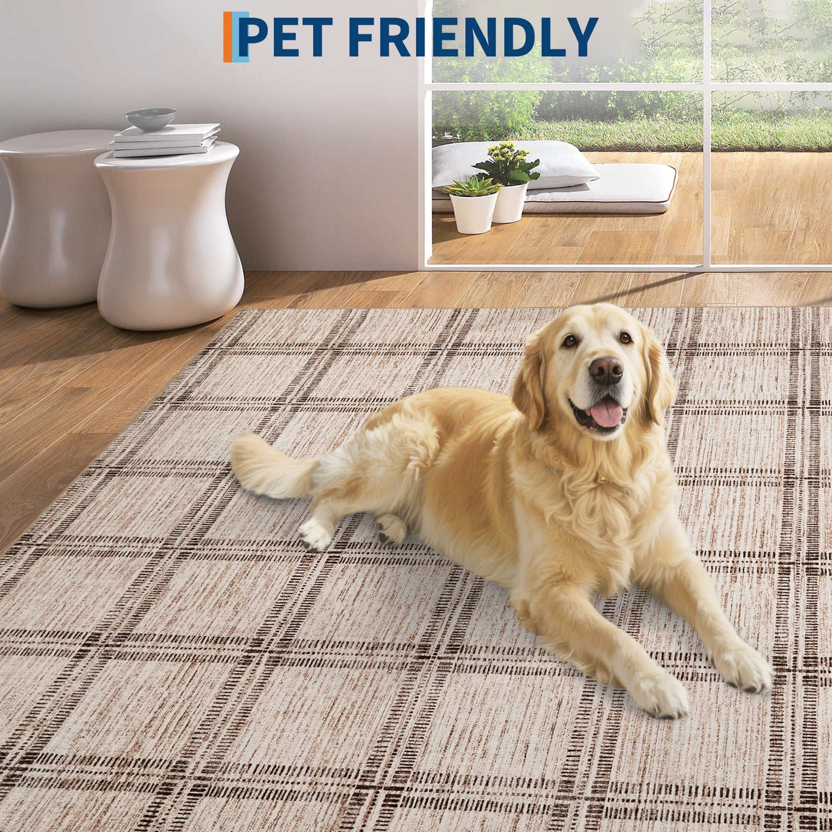 Garvee 10'x13' Area Rug Modern Striped Geometric Carpet, Washsble Plaid Rug Non Slip Stain Resistant Indoor Floor Mats for Living Room Bedroom Dining Room, Camel