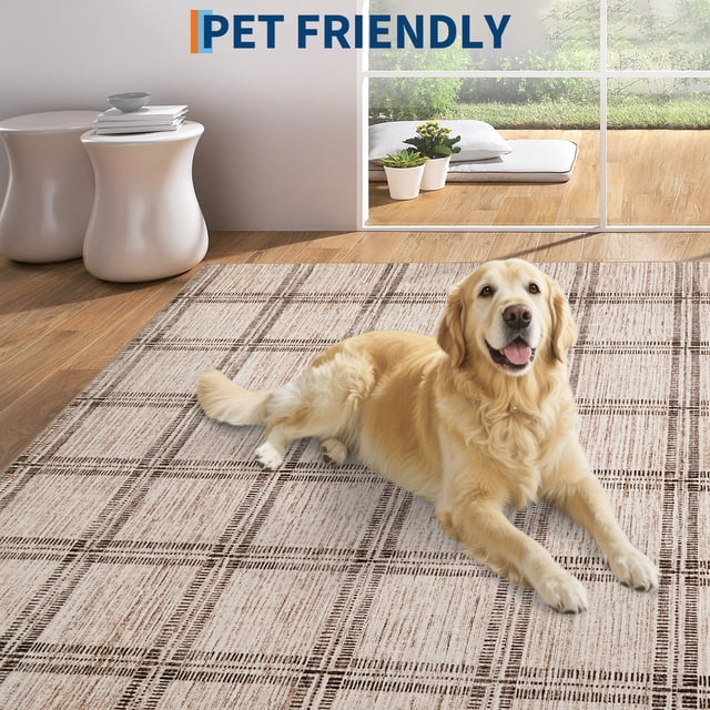 Washable Checkered Area Rug, Ultra Thin Soft Non Slip Geometric Rug for Living Room Bedroom, Stain Resistant Low Pile Modern Indoor Carpet, Multiple Sizes 2×6 to 10×13 ft, Black Green Camel