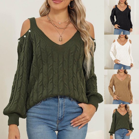Sakmal Cable Knit Womens Wool Sweater V Neck Green Lightweight Knit Solid Sweater for Women L