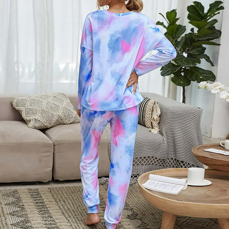 REORIAFEE Women Sweatsuit Loungewear Sets Beach Vacation Outfits Women Fashion Tie Dye Print Long Sleeve Sports Long Pants Home Suit Blue XXL