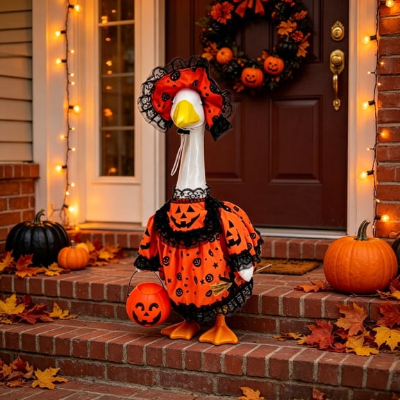 Halloween Porch Goose Outfit Set with Pumpkin Print for Outdoor Yard Garden Festive Decoration