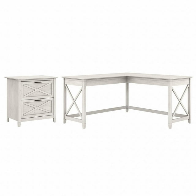 Bush Furniture Key West 60W L Shaped Desk with 2 Drawer Lateral File Cabinet in Linen White Oak