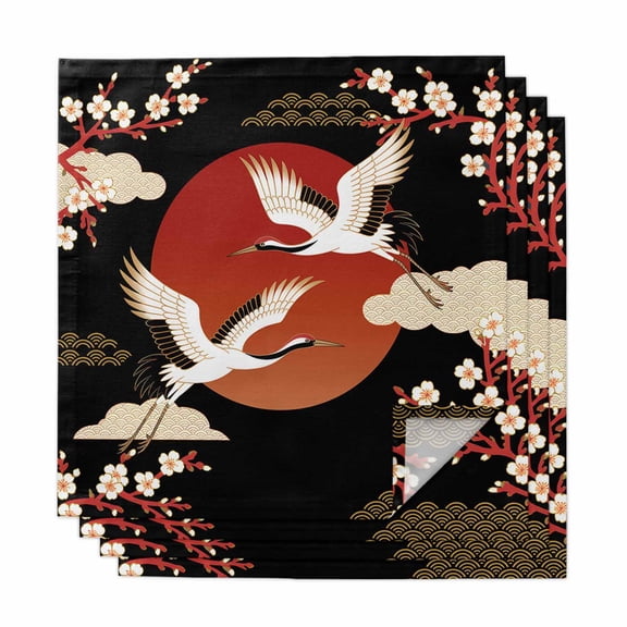Japanese Style Cloth Napkins, Modern Cranes Cherry Flower Wave Red Brown Washable and Reusable Dinner Napkins Set of 4, Table Napkin for Kitchen Party Birthday Wedding Hotel Housewarming 20"x20"
