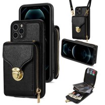 ELEHOLD Crossbody Wallet Case for iPhone 11 Pro Max 6.5",Premium Leather Case with Card Holders Zipper Pocket Metal Snap Stand Function Detachable Shoulder Strap Luxury Case for Women,Black