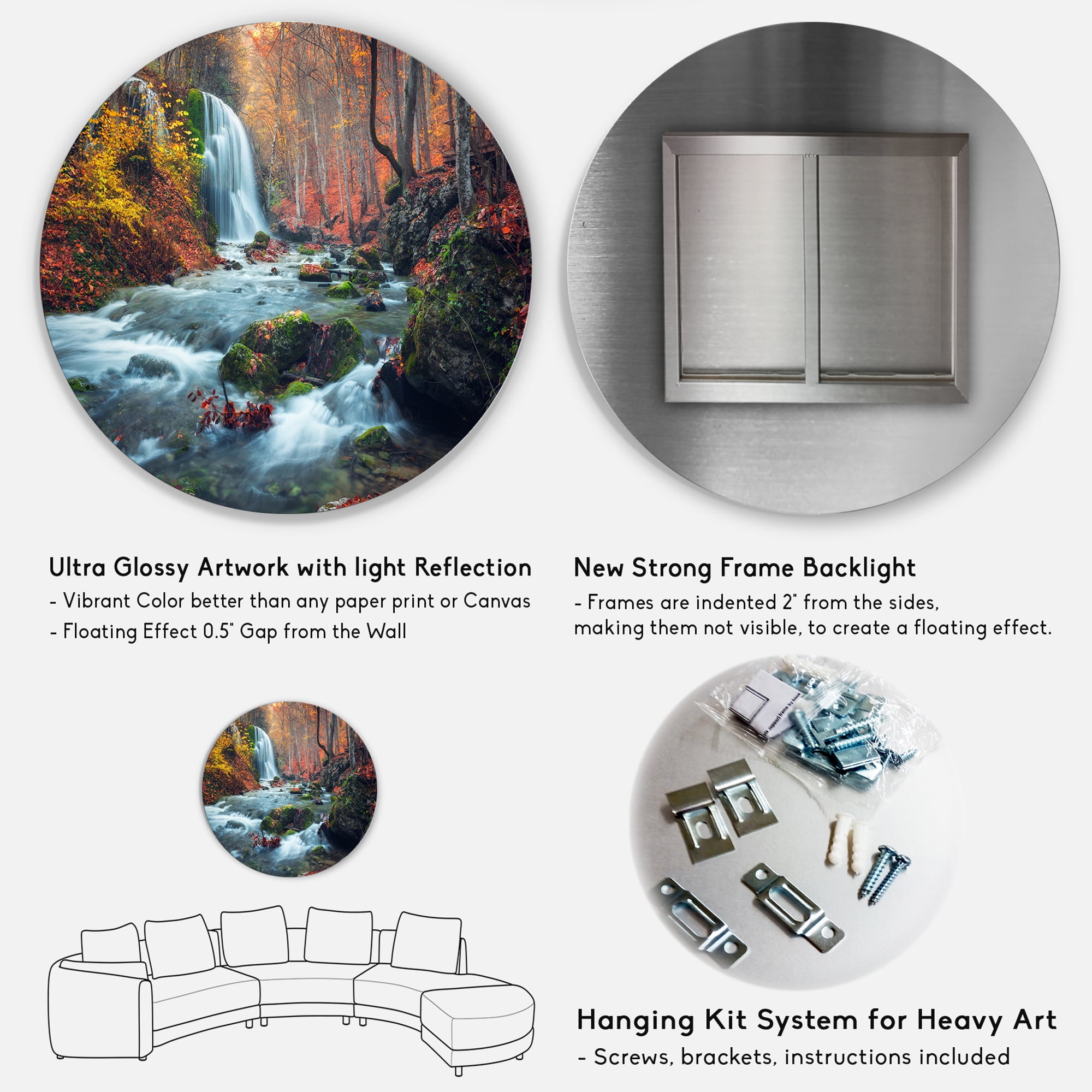 Designart 'Autumn Mountain Waterfall Long View' Landscape Photography Circle Metal Wall Art