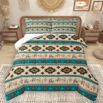 Homewish Western Hippie Aztec Queen Comforter Set for Adult, Cowboy Cowgirl Bedding Sets, Wheat Teal Triangle Abstract Reversible Bedding Comforter Set, Breathable Home Decor, 3pcs