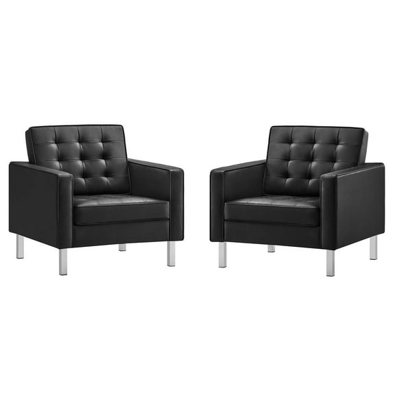Modway Loft Tufted Vegan Leather Upholstered Living Room Armchairs in Silver Black - Set of 2