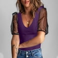 thumbnail image 3 of Hzzrkos Women Casual Fitted Solid Color V Neck Mesh Puff Short Sleeve Blouse Top, 3 of 4