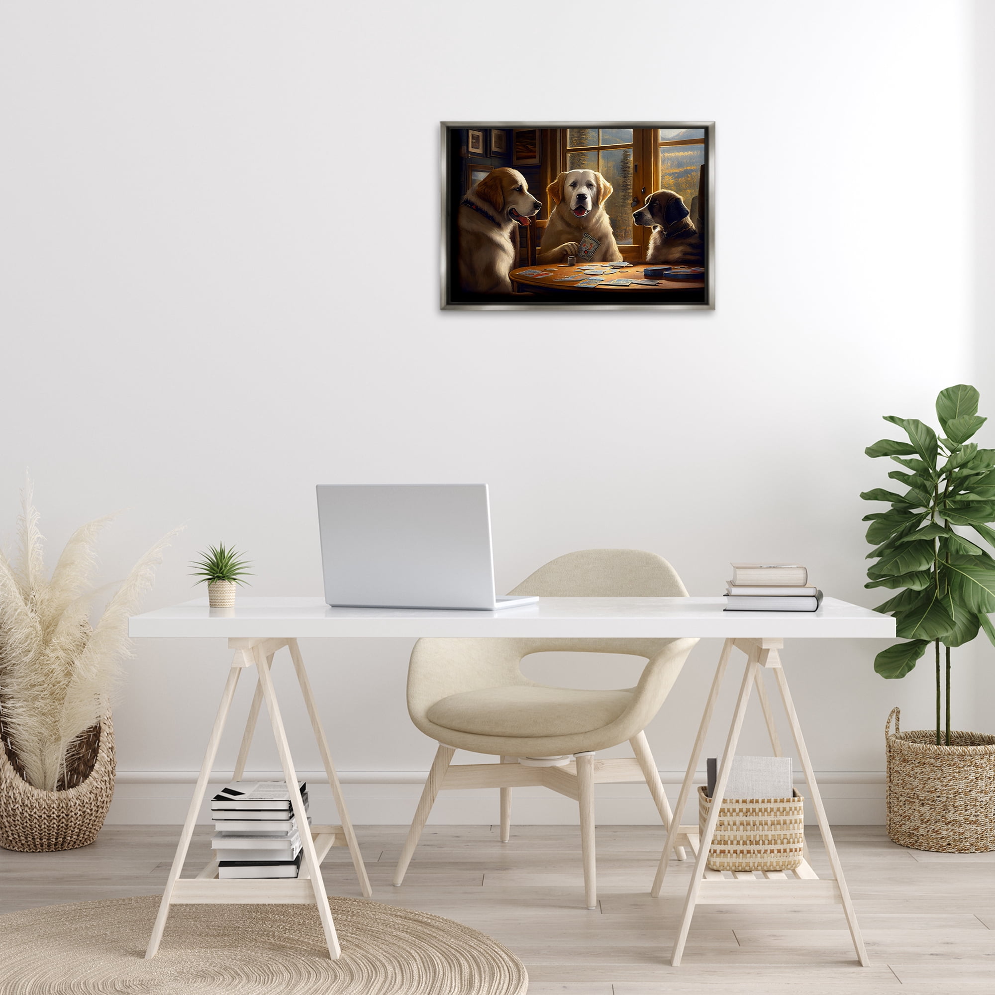 Stupell Industries Dogs Playing Card Game Entertainment Painting Gray Floater Framed Canvas Art Print Wall Art, 25 x 17