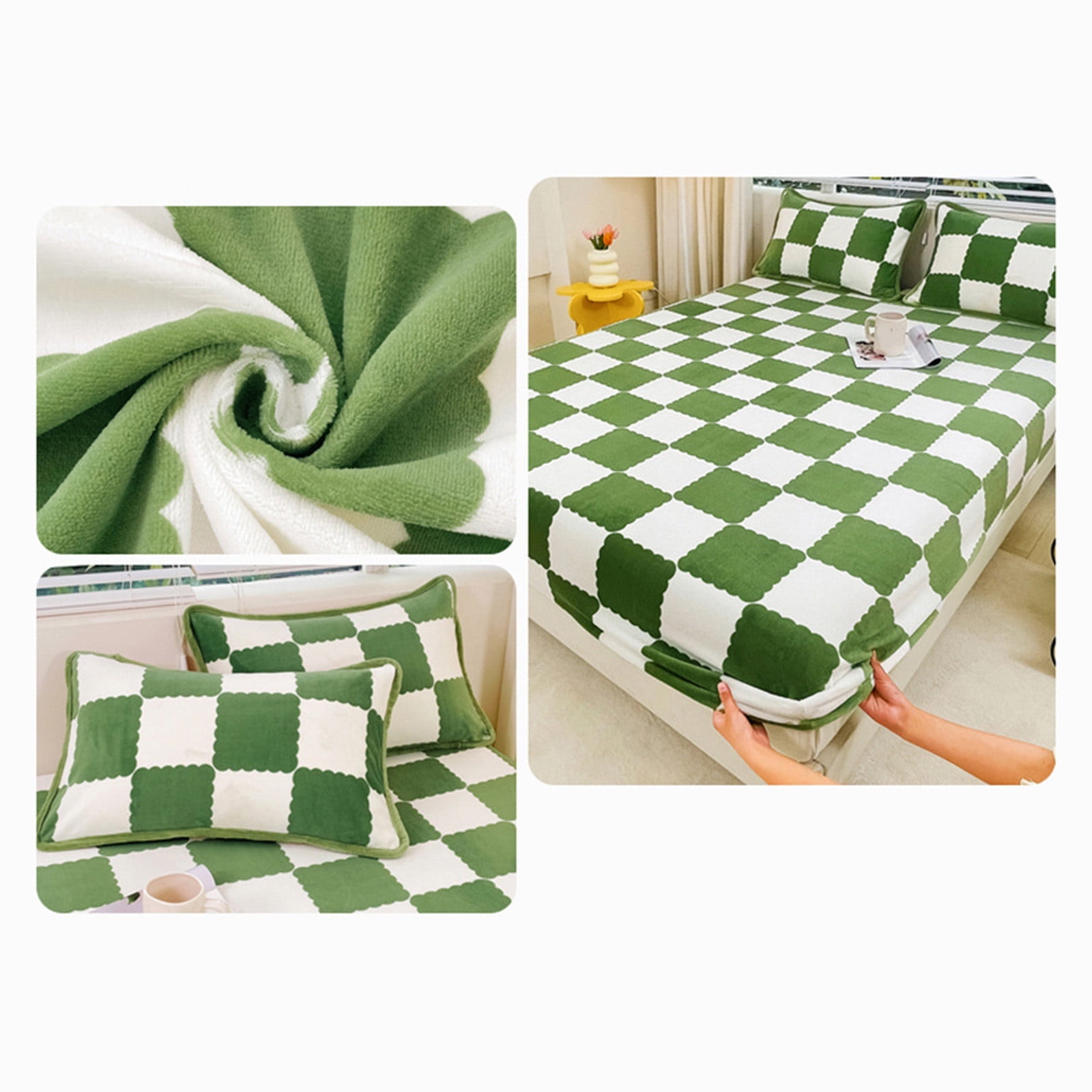 Quilted Fitted Sheet Winter Warm, Checkerboard Pattern Mattress Protector – Breathable Non-Slip Pocket Design, Soft Polyester Bed Cover for Care Bed, Home or Guest Room