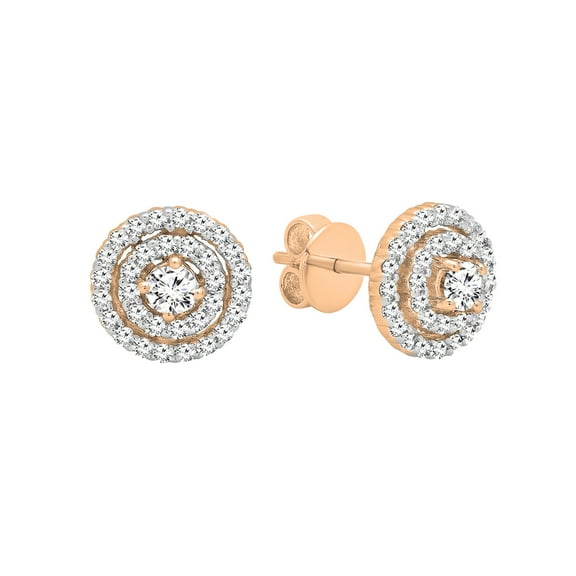 Dazzlingrock Collection Round White Diamond Circle Double Halo Pushback Stud Earrings for Women (0.25 ctw, Color I-J, Clarity I1-I2) in 14K Rose Gold