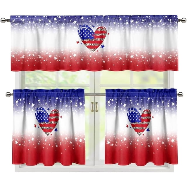 American Flag Kitchen Home Window Curtains Valance & Tier Set, 3 PCS Set Rod Pocket Short Curtains, Window Treatment Tier for Living Room Bathroom Farmhouse Decor