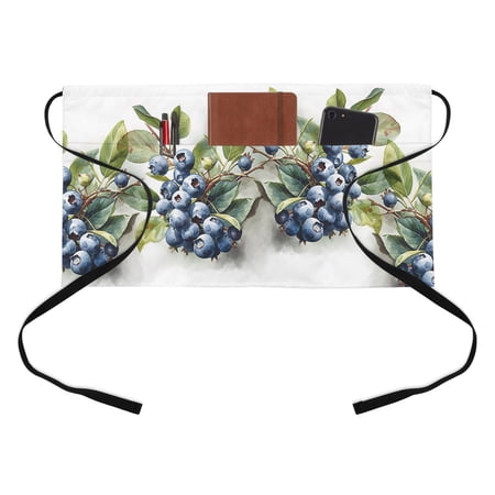 Fruit Blueberry Kitchen Restaurant Half Waist Apron Green Leaves Server Short Apron with 3 Pockets Waterproof Oil Waist Aprons for Women Waitress Waiter