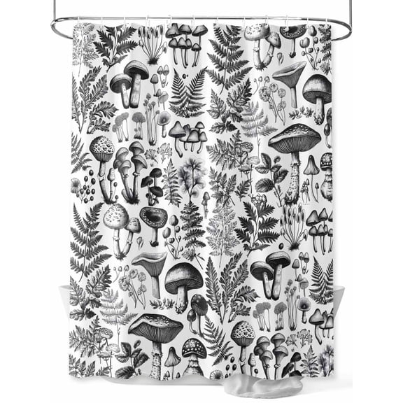 Fsddascl Mushroom Shower Curtain Set - 48" x 72" Washable Bathtub Curtain with 12 Hooks, Botanical Black Plant Herb Ferns Flower Waterproof Fabric Stall Shower Curtains for Bathroom/Bathtub Décor