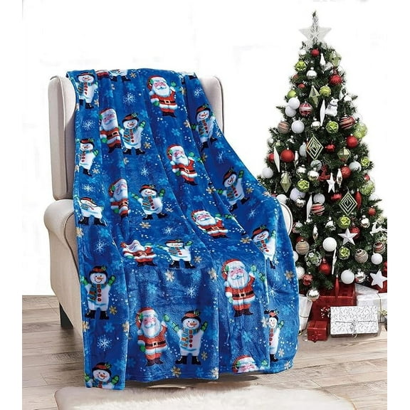 Elegant Comfort Lightweight Printed Throw Blanket- All Season, Soft, Cozy and Plush- Decorative Throw Blankets, Perfect for Lounging, 50 x 60 inches, Blue SantaSnowman, Throw Blanket