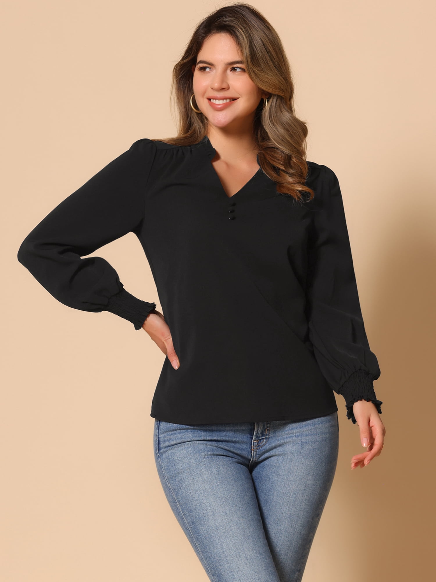 DARING DIVA Women's Vintage Ruffle V Neck Puff Long Sleeve Shirts XL Black