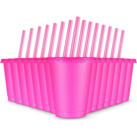 15 Pcs Reusable Cups with Straws and Lids 16 oz Glitter Tumblers Plastic Party Favor Cups with Lids Travel Mug Tumbler for Valentine's Day Party Iced Beverage Water(Rose Red)