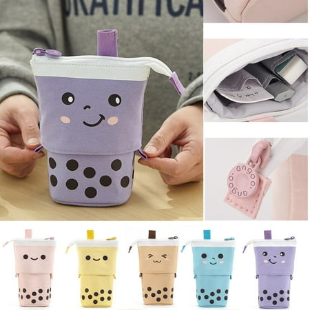 Walbest Milk Tea Bottle Shape Pen Pencil Pouch Telescopic Holder Pop Up Stationery Case, Stand-up Transformer Canvas Bag with Smile Face Dot Organizer, Great for Cosmetics Pouch Pencil Bag