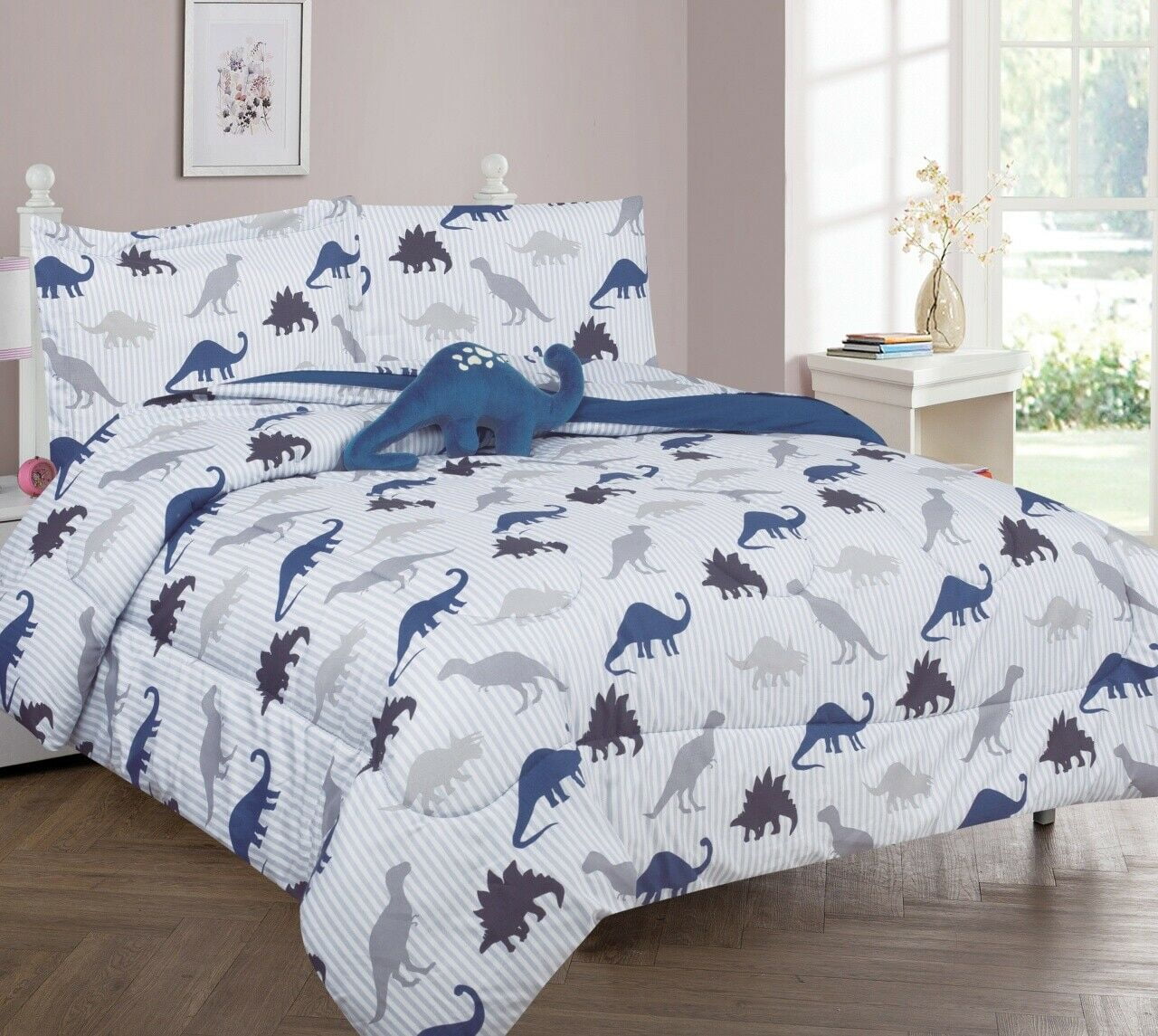 grey and white dinosaur bedding