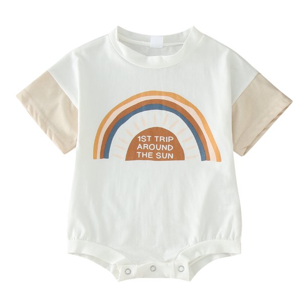Gibobby Mameluco niño con estampado de letras de dibujos animados de manga corta para niños y niñas, ropa para recién nacidos, tocados(Beige, 12-18 Meses)