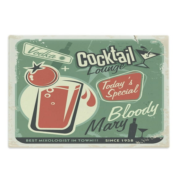 Retro Cutting Board, Nostalgic Poster Bar Art for Today's Special Famous Cocktail Bloody Drink and Vodka, Decorative Tempered Glass Cutting and Serving Board, Large Size, Green Red, by Ambesonne