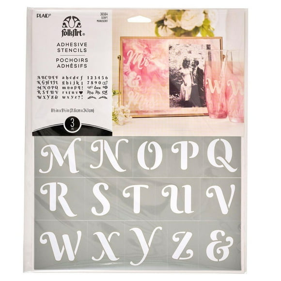 FolkArt Reusable Adhesive Stencil Set, 8.5" x 9.5", Script Font, 3 Pieces, Stencil Set