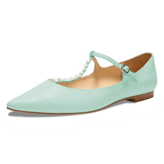 FSJ Women Pearl Studded T-Strap Ballet Shoes Pointy Toe Strap Buckle Flats Comfortable Dressy Work Low Heels Size 8 Pale Turquoise