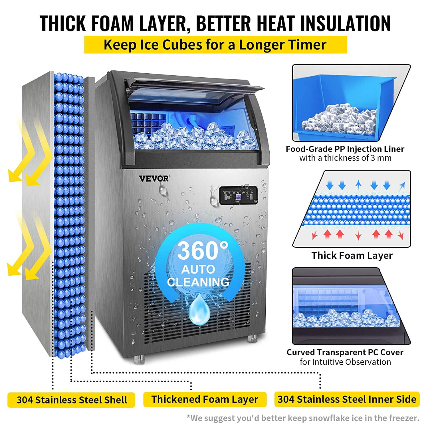 VEVOR Commercial Ice Maker 155lbs/24h,530W Commercial Ice Machine with 33lbs Storage Capacity, Stainless Steel Construction Ice Cube Making Machine, includes Water Filter and Connection Hose