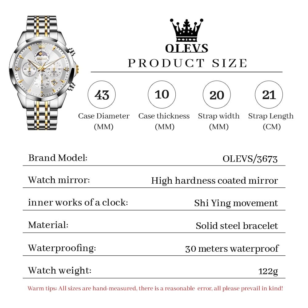 OLEVS Watches For Men Business Dress Luxury Casual Chronograph Multifunction Analog Quartz Stainless Steel Waterproof Luminous Moon Phase Date Men Wrist Watches Reloj Para Hombre White Dial