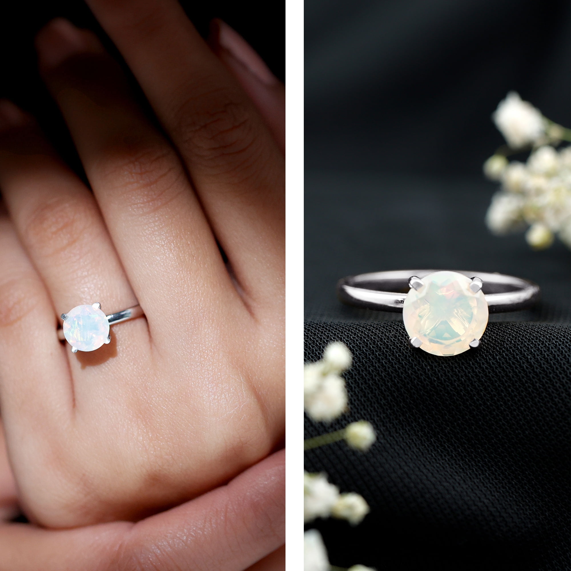Rosec Jewels Ethiopian Opal Engagement Ring for Women - 2 Carat - October Birthstone Opal Solitaire Ring - AAA Quality, 14K White Gold, US 4.00
