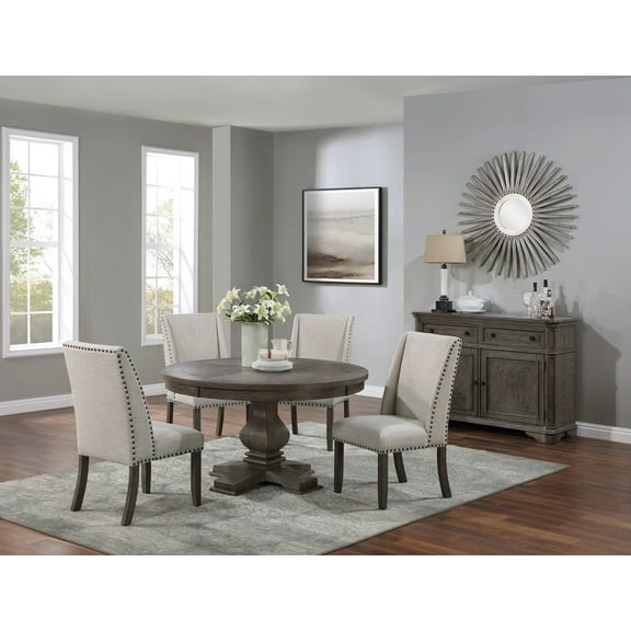 Traditional Formal 54"DIA Round Table w 4x Side Chairs Oak 5pc Dining Set Upholstered Chairs Wingback Design Dining Room