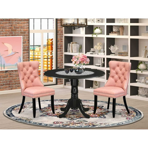 Round Kitchen Table Set with 2 Chairs - Victorian Style Dining Table & Side Chairs - Black Rubberwood