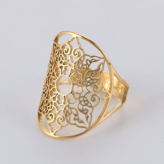 TEAMER Mandala The Healing Amulet Gold Ring Vintage Filigree Resizable Ring Talisman for Good Health Stainless Steel Jewelry