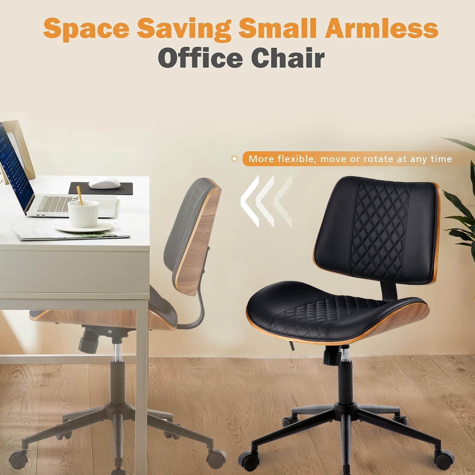 Home Office Chair, Armless Desk Chair with Wheels, Adjustable Height and 360° Swivel, Modern PU Leather Mid Back Computer Chair, Office Chair for Living Room Bedroom Office, Black