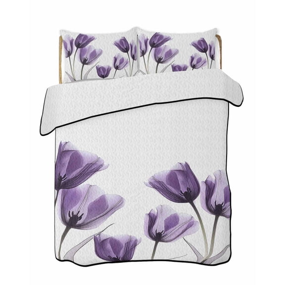 Purple Tulip Floral Summer Quilt Set Queen Size, Soft Microfiber Quilted Bedding Set with 2 Pillow Shams, Pastel Country White Wildflower Lightweight All Season Bedspread Coverlet for Bedroom 90"x96"